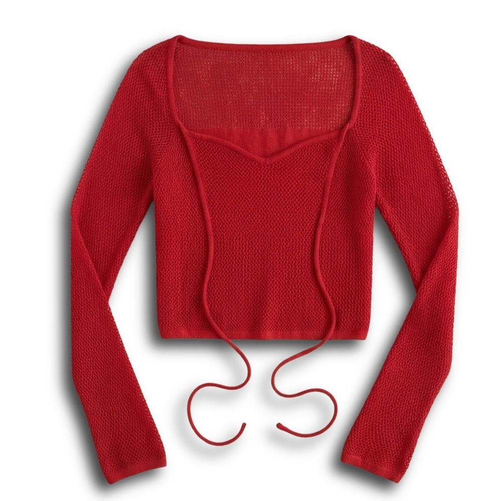 Red Open Knit Long Sleeve Cropped Top Sweetheart Tie Front Mesh Sweater Small